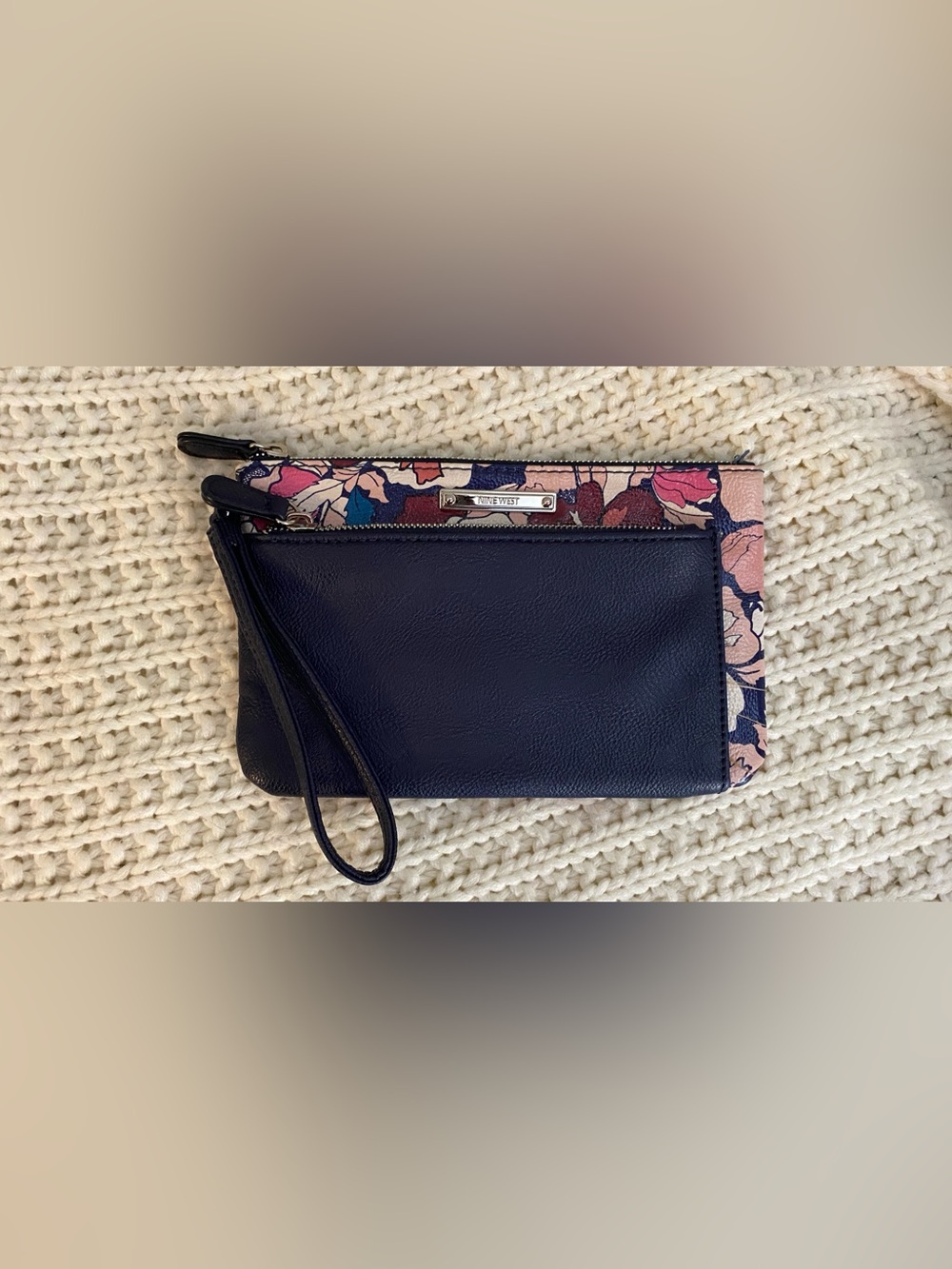 Nine West Navy and Pink Floral Wristlet Wallet Clutch Excellent Condition!
